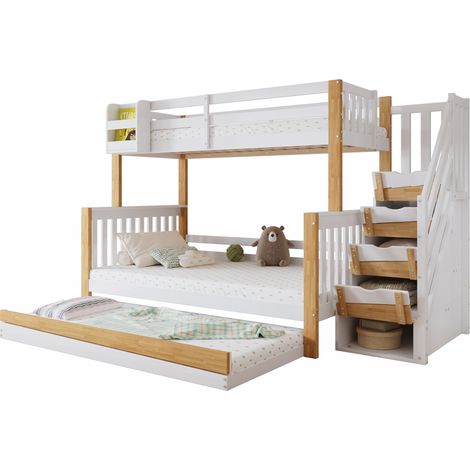 Lit superposé enfant bois massif + MDF blanc/naturel 90x200 & 120x200 cm avec lit gigogne, escalier de rangement et lattes (1/5)