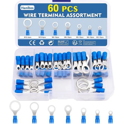 Lot de 60 cosses à anneau - 1,5-2,5 mm² - Bleu - Cosses à sertir - 16-14 AWG - Anneau de cosses de câble - Diamètre du trou : M3 M4 M5 M6 M8 M10 M12 - Cosses de câble rondes - 7 tailles (1/5)