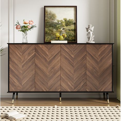 Buffet latéral avec 4 portes, pieds métalliques, motif à chevrons, étagères réglables, bois MDF (1/5)