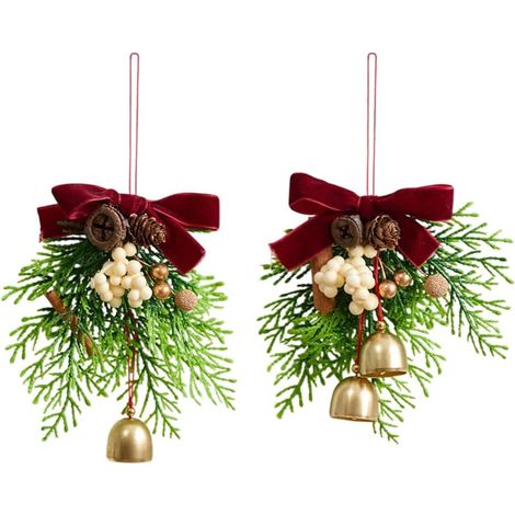 Lot de 2 Noeuds Sapin Cloche Pomme Pin, 13x16cm, Rouge, Décoration Noël, Couronne, Porte, Festif, Velours (1/5)