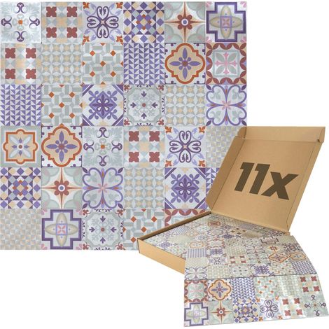 Wandpaneele selbstklebend, Mosaikfliesen mit bunten Ornamenten 1m², 11 Stück Wandverkleidung feuchtigskeitsbeständig, Premium Qualität für Bad und Küche - Faro