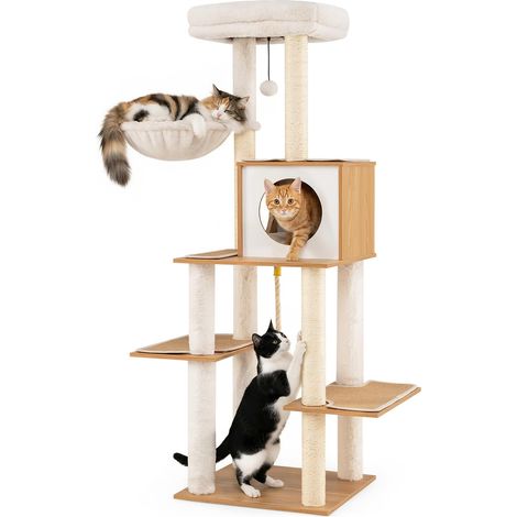 Costway – Arbre à chat 148 cm avec condo à 2 portes – 7 niveaux – Base compacte 48 x 44 cm – Poteaux en sisal pour griffer – Tapis amovibles