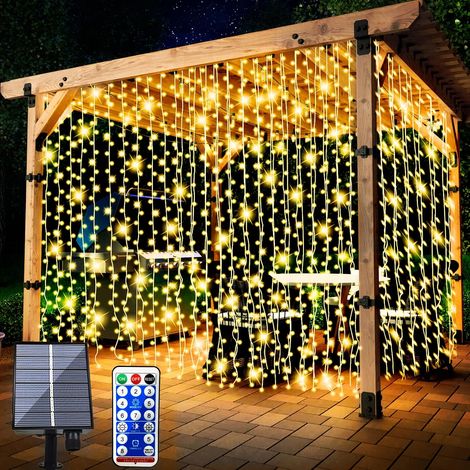 Solar Lichtervorhang Aussen, 3 X 3m 300 LED Lichterketten Vorhang 8 Modi Fernbedienung Wasserdicht Solar Lichterketten Aussen für Gartendeko Balkon Hochzeit Weihnachten Innen (Warmweiß) (1/5)