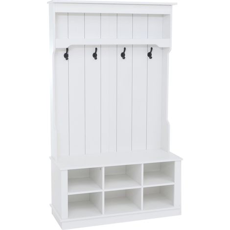 Garderobe HHG-661, Flurgarderobe Holzgarderobe Sitzbank, 4 Haken Staufach Ablage Melamin 170x100x39cm weiß