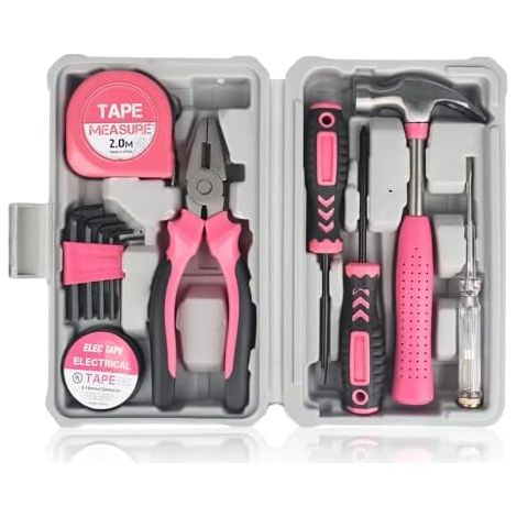 Kit d'outils rose de 12 pièces, kit pour la maison et le bricolage, petit d'outils, base débutantes bureau -