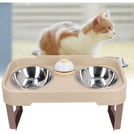 Gamelle Double Surélevée Inoxydable Design Incliné 15° Antidérapante avec Clochette pour Chien Chat (1/4)