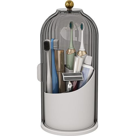 Porte-brosse à dents anti-poussière avec couvercle - Support pivotant pour brosse à dents électrique et dentifrice - Convient aux plans de travail de salle de bain - Organisateur de pinceaux de maquil (1/3)