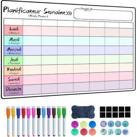 Calendrier Magnetique Frigo,42x30cm Planificateur Hebdomadaire Magnétiques Effaçables Peut servir de Tableau Menu Semaine Frigo, Liste de Courses, Planning Semaine Magnetique, avec Raccords (1/5)