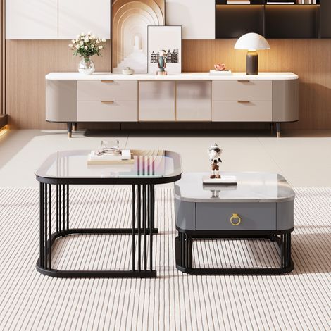 Table basse gigogne 60x60 cm + 50x50 cm noir – plateau verre et tiroirs (1/5)