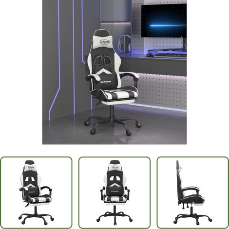 Gamingstuhl mit Fußstütze - Gaming-Stuhl mit Fußstütze Drehbar Schwarz & Weiß Kunstleder (1/5)