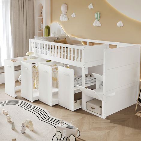 Cama alta infantil 90x200 cm con escritorio extraíble, armario y almacenaje, blanca OKMYHOME (1/5)