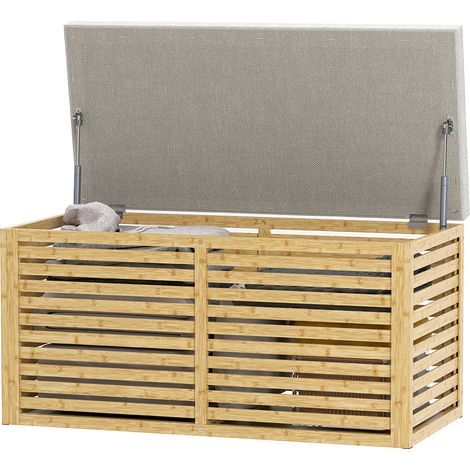 Coffre de rangement rembourré tissu lin couvercle bambou gris naturel 110x40x45 cm