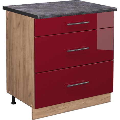 Mueble bajo de cocina Fame-Line, Rojo Burdeos alto brillo, 80 cm con 3 cajones, ET Antracita, Vicco