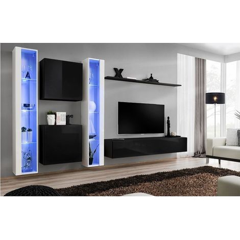 Ensemble meuble TV mural  - Switch XVI - 330 cm  x 180 cm x 40 cm - Blanc et noir - Livraison gratuite