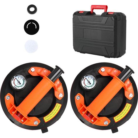 2 Pièces 8" Ventouse Carrelage avec Manomètre, Ventouse Vitrier Capacité de Charge Max 200 kg, Professionnelles Ventouses à Vide avec Boîte de Transport pour Verre, Carreaux, Marbre,Orange (1/5)
