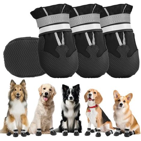 Set di 4 scarpe protettive per cani, impermeabili e antiscivolo, cinturini regolabili, strisce riflettenti per proteggere le zampe del cane, per (1/5)