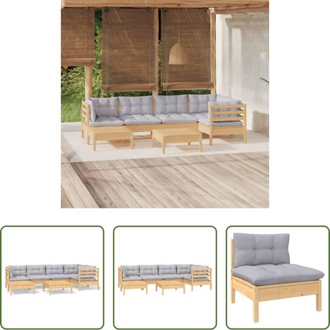 Terrassensofa -  7-tlg. Garten-Lounge-Set mit Grauen Kissen Kiefer Massivholz (1/5)