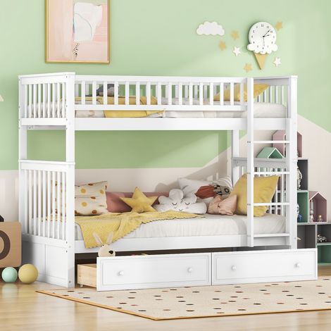 Lit cabriolet 90x200 cm pour enfants, blanc, avec tiroirs de rangement, lit superposé fonctionnel (1/4)