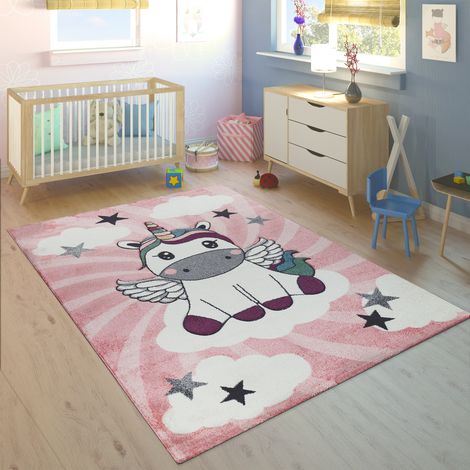 Paco Home Tappeto Per Bambini Stanza Dei Bambini Femminucce Moderno Unicorno Su Nuvole In Rosa Lilla 160x230 cm