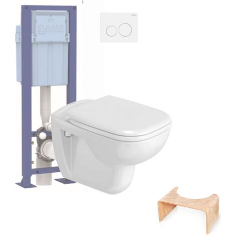Pack WC suspendu DURAVIT D-code + bati support SIAMP + plaque + tabouret physiologique bois