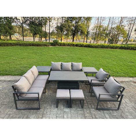 Fimous 9 Piece Garden Furniture Set 10-Seater Aluminium Outdoor Dining Set with Adjustable Rising Lifting Dining Table & Cushions 2 Side Tables Dark Grey (1/5)