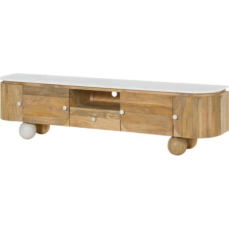 Meuble TV Manguier naturel / blanc laqué 200x40x50 cm partiellement assemblé FLORENZ 101 (1/4)