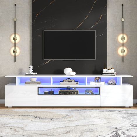 Meuble tv 180 x 38 x 45 cm noir brillant avec led, 2 portes, 1 tiroir et 10 rangements, pour écran jusqu’à 75 pouces (1/5)