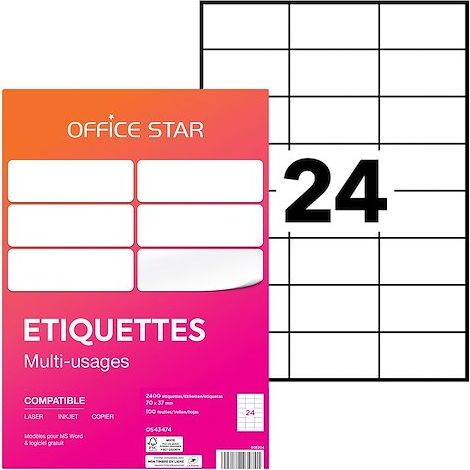 Étiquette multi-usages 70 x 37 mm Avery Office Star blanche - Boîte de 2400 (1/4)
