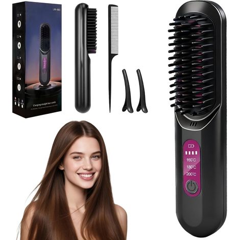 Brosse Lissante Brosse de Coiffage Sans Fil pour Cheveux Courts, Brosse Lissante Portable pour Coiffure, Go Brush Pro, Brosse de Coiffage Portable et Rechargeable pour Voyage et Usage Quotidien