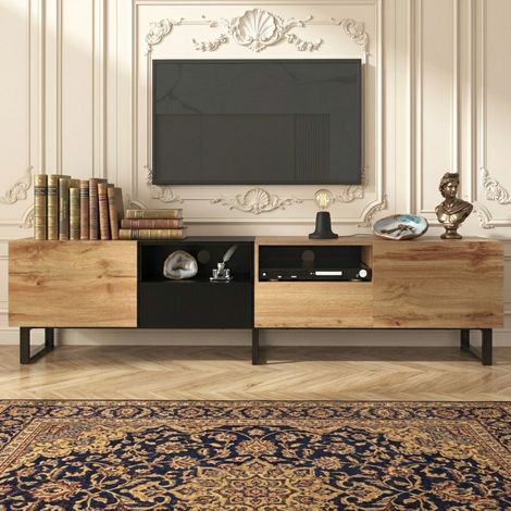 Meuble TV Bois, Meuble Tele avec 2 Portes et 2 Tiroirs, Rangement pour salon, chambre et bureau, 190x38x48 cm, Bois et Noir (1/5)