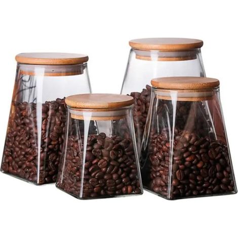 4 Pièces Boîte de Rangement Verre Carrée avec Couvercle Pot de Stockage Hermétique Grains,350 ml, 500 ml, 750 ml, 950 ml (1/5)