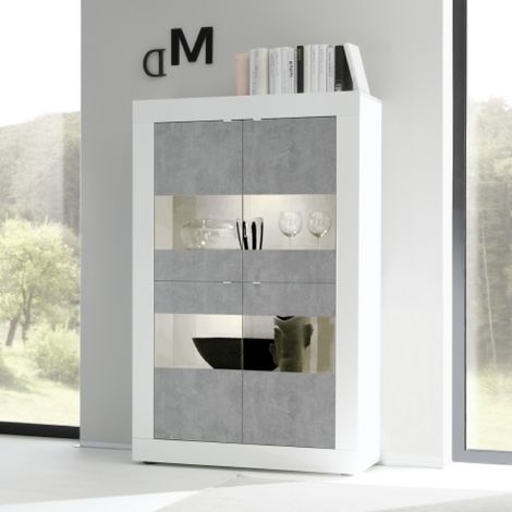 Vitrine moderne 4 portes blanc et gris béton 100cm CALIA (1/5)