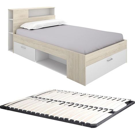 Lit avec tête de lit rangements et tiroir - 120 x 190cm - Coloris : Naturel et blanc + Sommier - LEANDRE