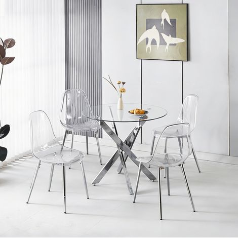 Essgruppe für 5 Personen, 1 Tisch und 4 Stühle, Samtbezug, hohe Rückenlehne, Metall, Chrom (1/5)