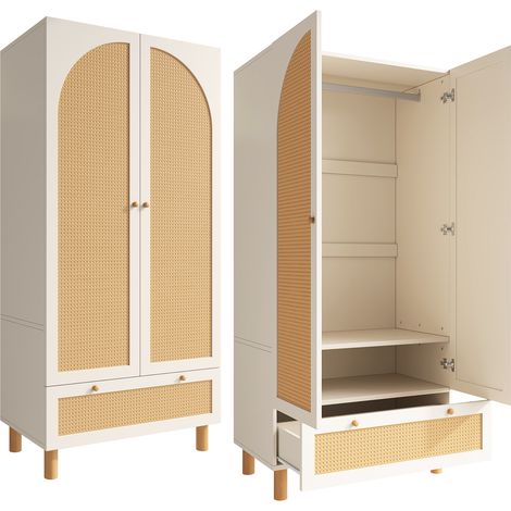 Armoire penderie à 2 portes en rotin, style maison de campagne blanc, grand tiroir, étagères réglables en hauteur et barre de penderie, avec dispositif anti-basculement, 180x85x52 cm (H/L/P) (1/5)