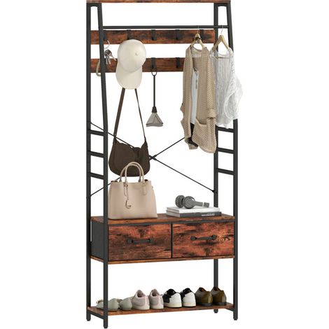 Armoire avec étagère à chaussures, porte-manteau avec banc, 10 crochets, 2 tiroirs en tissu, tringle à vêtements, panneaux de particules, métal, marron (1/5)
