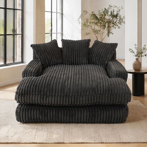 Divano chaise longue 1 posto in velluto a coste, 3 cuscini, nero, 125 x 155 x 63 cm HAVRYA (1/5)