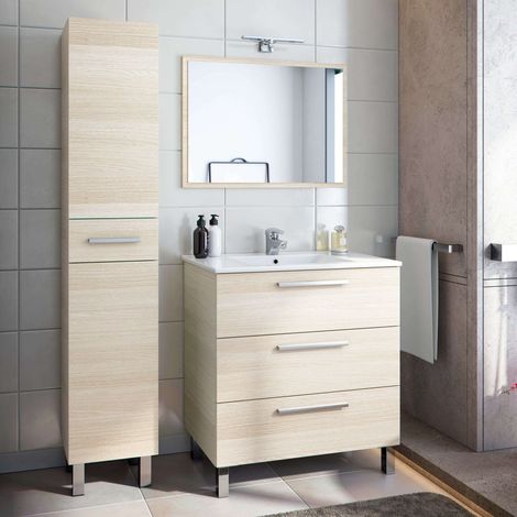 Mueble de Baño Conjunto Taria con Columna Athenea y Lavamanos en Color Roble Claro (Incluye Espejo)