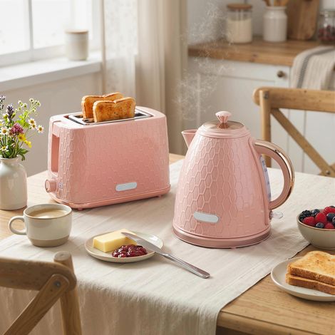 Ensemble bouilloire 1 7L 2200W grille-pain 2 tranches arrêt automatique tiroir à miettes design moderne coloris - Couleur: Rose (1/4)