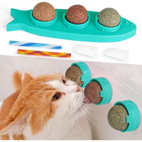 Katzenminzebälle, essbarer, drehbarer Leckball mit Nüssen und Gallen, Kauball für drinnen mit Haustierzahnbürste und interaktives Federspielzeug für Hunde und andere Haustiere (1/5)