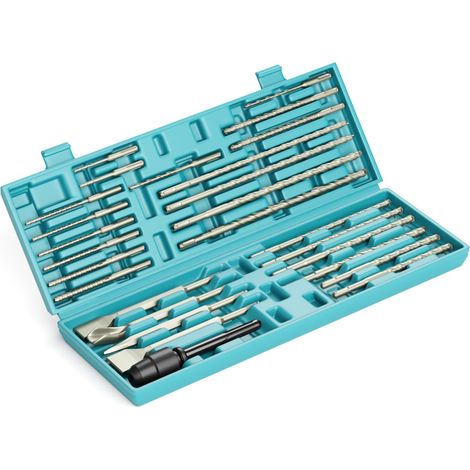 Lot de 27 forets SDS-Plus et burins – Marteau rotatif à pointe en carbure de tungstène à double filetage et adaptateur SDS-Max vers SDS Plus, avec boîte de rangement, pour matériaux de construction de (1/5)