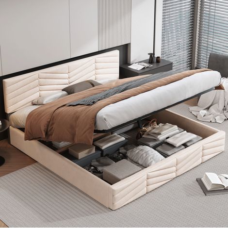 Cama doble 180x200 cm de terciopelo beige con canapé y cabecero ajustable - CHICFURN (1/5)