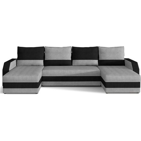 Canapé d'angle convertible panoramique bicolore velours gris clair et noir Nordy 307cm (1/4)