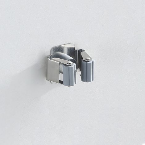 Support Mural pour Serpillière et Balai en Acier Inoxydable, Installation sans Percer ni Colle, Rangement Multifonction pour Salle de Bain et Toilettes, Gris (1/5)