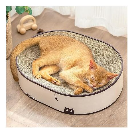 Oval Cardboard Cat Scratcher and Bed – Ergonomic Curved Scratcher for Rest and Play – Corrugated Cardboard – Protection Sofa Design with Catnip (43 x 33 x 10 cm) (1/5)