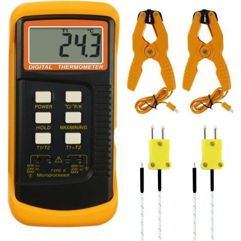 Thermomètre à thermocouple de type K (-501300°C), thermomètre numérique à deux canaux avec 2 pinces de température et 2 sondes de thermocouple câblées, testeur de température de haute précision (1/5)