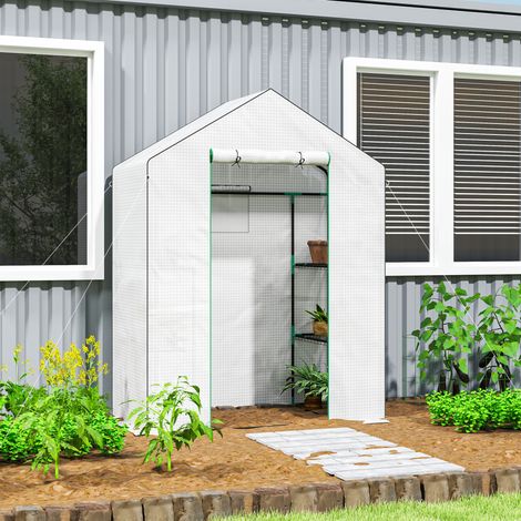 Serra da giardino 143x74x190 cm bianca in plastica con porta avvolgibile, finestra e ripiani laterali (1/5)