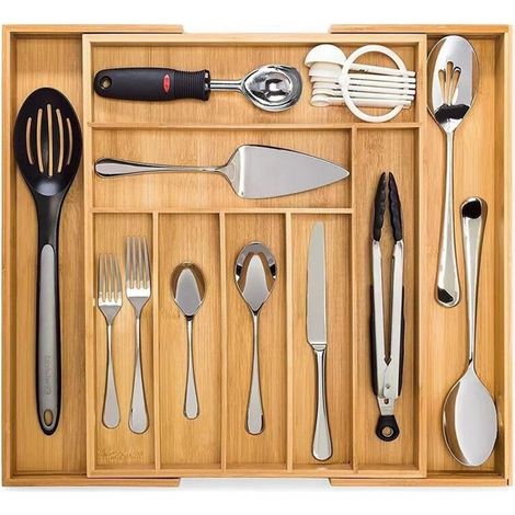 Plateau à couverts en bambou extensible, 8 compartiments, séparateur de tiroir