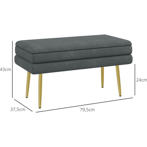 Banque assise grise avec rangement, effet velours, coffre banquette à pieds en acier, banc à chaussures pour salon et chambre 79,5x37,5x43cm (1/5)