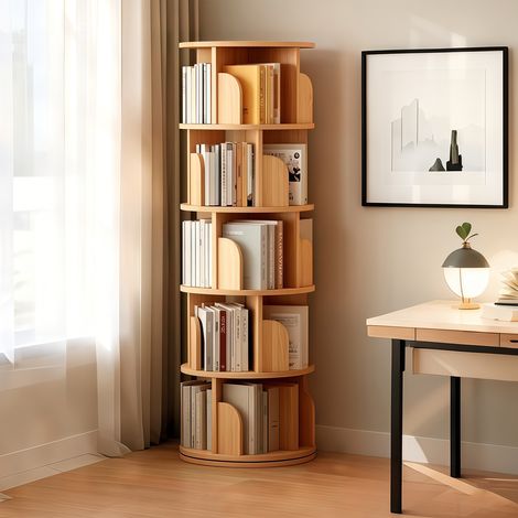 Bibliothèque rotative à 5 niveaux, étagère rotative à 360°, gain de place, bibliothèque rotative pour petits espaces, idéale pour chambre, salon, maison ou bureau, couleur bois (1/5)